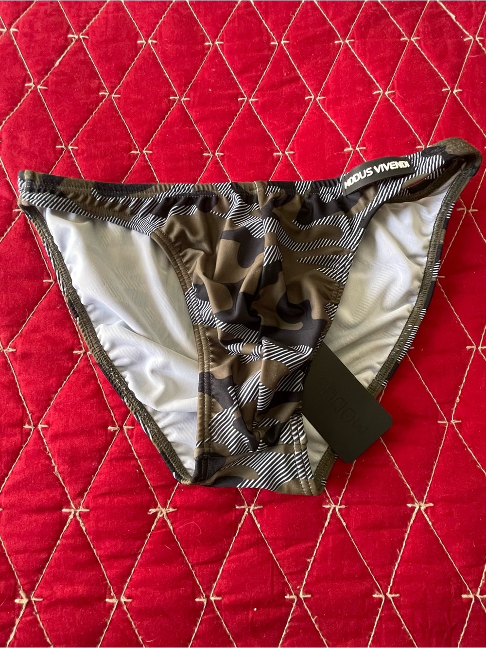 Modus Vivendi -Olive Camo Swim Brief. Mens: Medium.